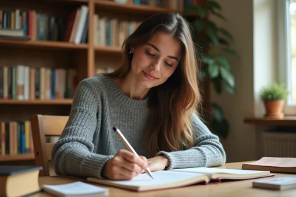 Jeune femme prenant des notes de grammaire espagnole dans un cahier ouvert, entourée de fiches de vocabulaire sur un bureau en bois