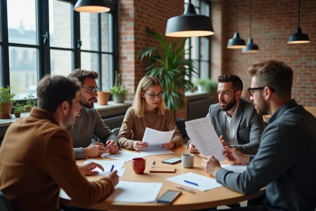 Groupe d'adultes participant à un atelier de reconversion professionnelle autour d'une liste de métiers