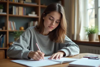 Jeune femme étudiant le code de la route à son bureau avec un manuel et des notes surlignées