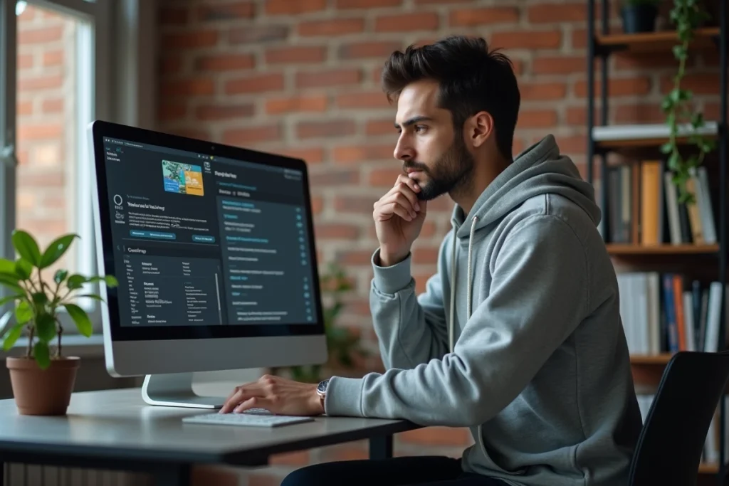 Jeune homme étudiant les limites et le fonctionnement de la plateforme Habilec 7 depuis son bureau à domicile