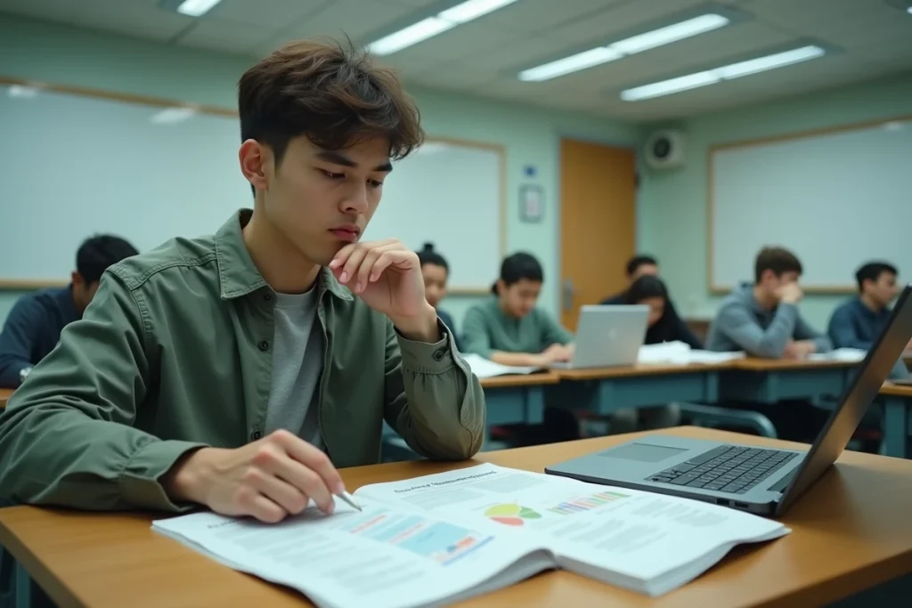 Étudiant en BTS consultant des manuels de formation en parapharmacie dans une salle de cours professionnelle