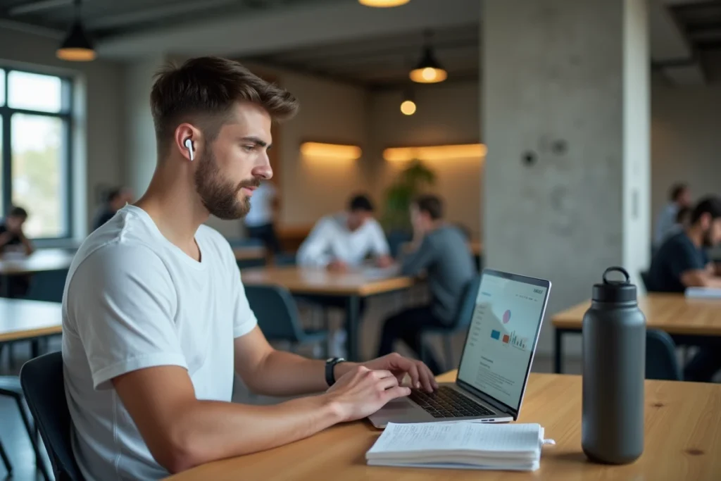 Étudiant consultant sa plateforme ENT de l'université Paris Nanterre dans un espace de coworking moderne