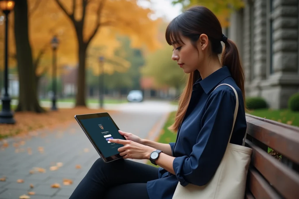Étudiante accédant à ses cours en ligne via l'ENT Nanterre sur une tablette en extérieur sur un campus universitaire