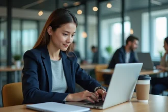 Étudiante en alternance utilisant l'ENT UTT sur son ordinateur portable dans un open space professionnel