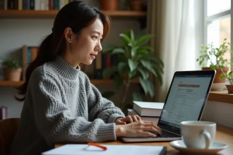 Étudiante en télétravail accédant à son espace numérique de travail universitaire Nanterre depuis son appartement