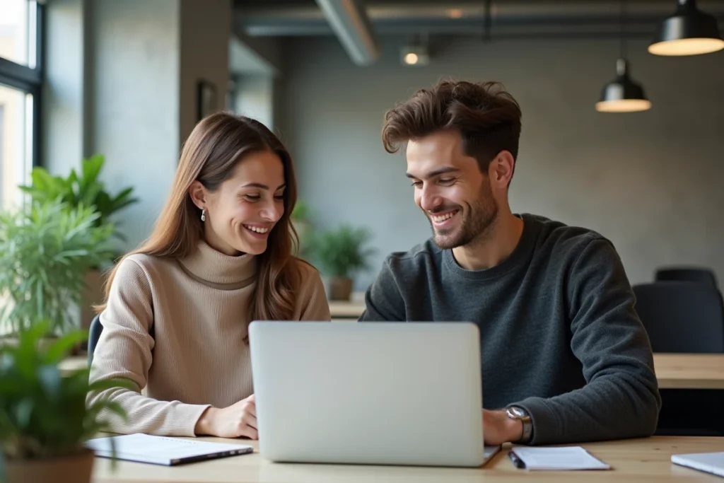 Deux étudiants UTT en alternance collaborant sur l'espace numérique de travail dans un coworking moderne