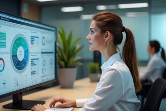 Femme utilisant la plateforme Habilec 7 sur un écran d'ordinateur dans un bureau moderne
