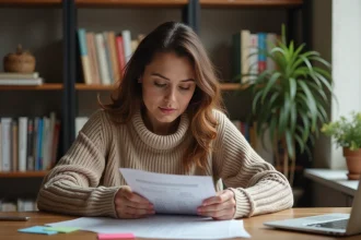 Femme en reconversion professionnelle étudiant un guide de métiers à son bureau à domicile