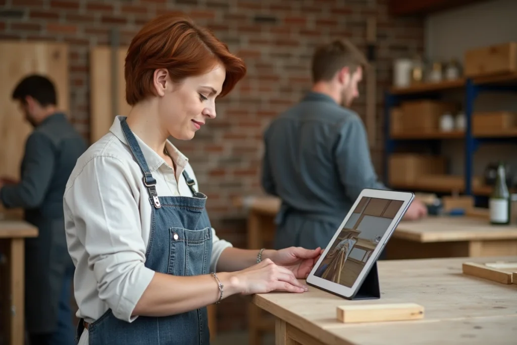 Femme qui suit un tutoriel de bricolage sur tablette dans un espace de fabrication partagé, illustration d'un cours de bricolage adapté aux débutants