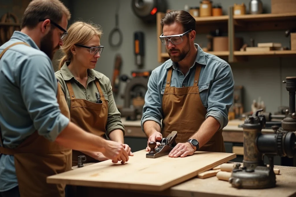 Groupe d'adultes participant à un cours de bricolage animé par un instructeur dans un atelier professionnel, pour choisir la formation adaptée à son niveau