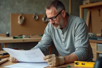 Homme adulte qui étudie un guide de bricolage dans un atelier équipé d'outils, idéal pour choisir un cours adapté à son niveau