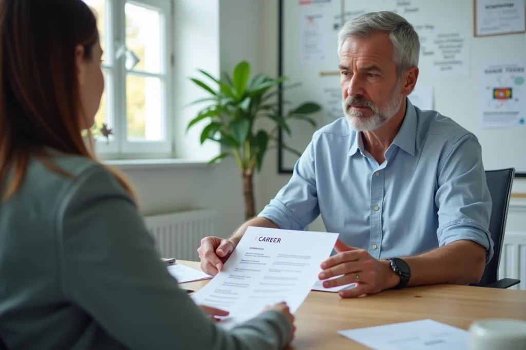 Homme en entretien de conseil en orientation professionnelle avec un conseiller carrière