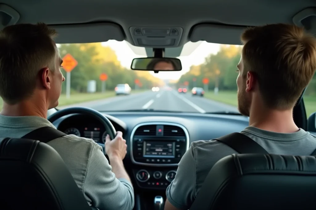 Moniteur d'auto-école et élève conducteur lors d'une leçon de conduite pratique en voiture