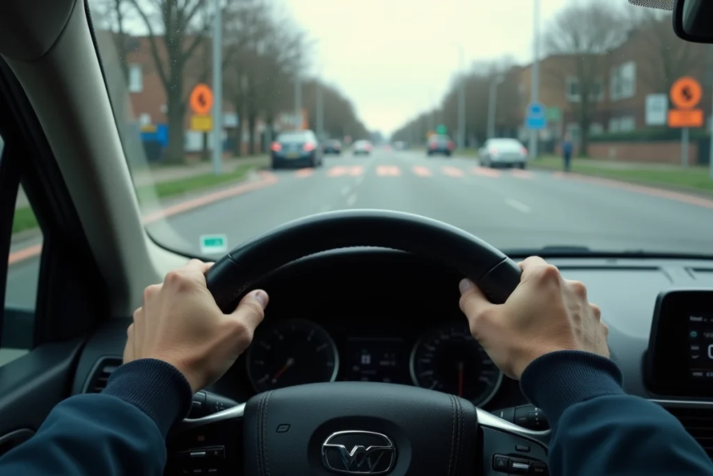 Mains d'un conducteur sur le volant abordant un rond-point avec panneaux de signalisation