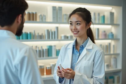 Jeune parapharmacienne en blouse blanche conseillant un client derrière un comptoir de parapharmacie moderne