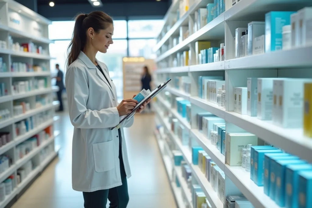 Parapharmacienne arrangeant des produits de soin sur les rayons d'une parapharmacie moderne et bien organisée