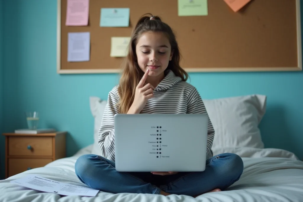 Une adolescente révise l'imparfait espagnol sur un ordinateur portable dans sa chambre, avec une frise chronologique des temps du passé à l'écran
