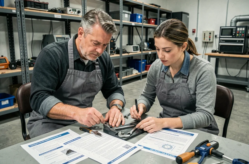 Deux adultes en reconversion réalisant un exercice pratique lors d'une formation courte dans un atelier de compétences professionnelles