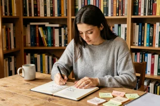 Jeune femme apprenant l'arabe en autodidacte, écrivant des caractères arabes dans un cahier à son bureau à domicile