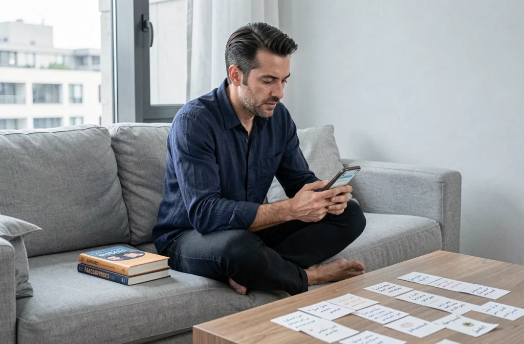 Homme adulte apprenant l'arabe en autodidacte avec une application mobile et des flashcards dans un salon moderne
