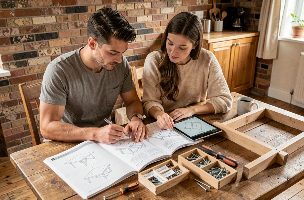 Deux adultes consultant un manuel de bricolage et une tablette pour apprendre les bases du bricolage ensemble à la maison