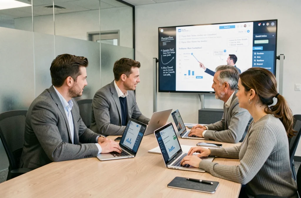 Groupe de professionnels en formation LinkedIn social selling B2B autour d'une table de réunion avec des laptops ouverts sur des tableaux de bord LinkedIn