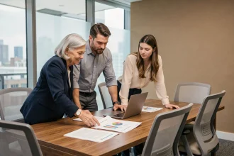 Réunion collaborative entre collègues de différentes générations autour d'une table de conférence dans un bureau moderne