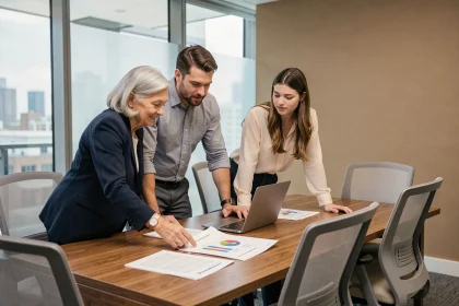 Réunion collaborative entre collègues de différentes générations autour d'une table de conférence dans un bureau moderne