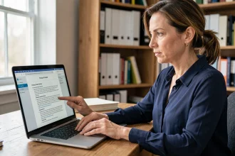 Femme consultant les conditions de confidentialité d'un site web sur son ordinateur portable dans un bureau à domicile