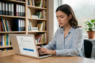 Jeune femme tentant de se connecter à un portail académique sur son ordinateur portable à son bureau à domicile