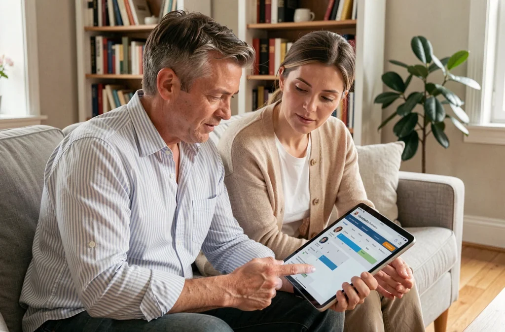 Couple de parents d'élèves consultant ensemble l'espace numérique de travail ENT Bordeaux INP sur une tablette