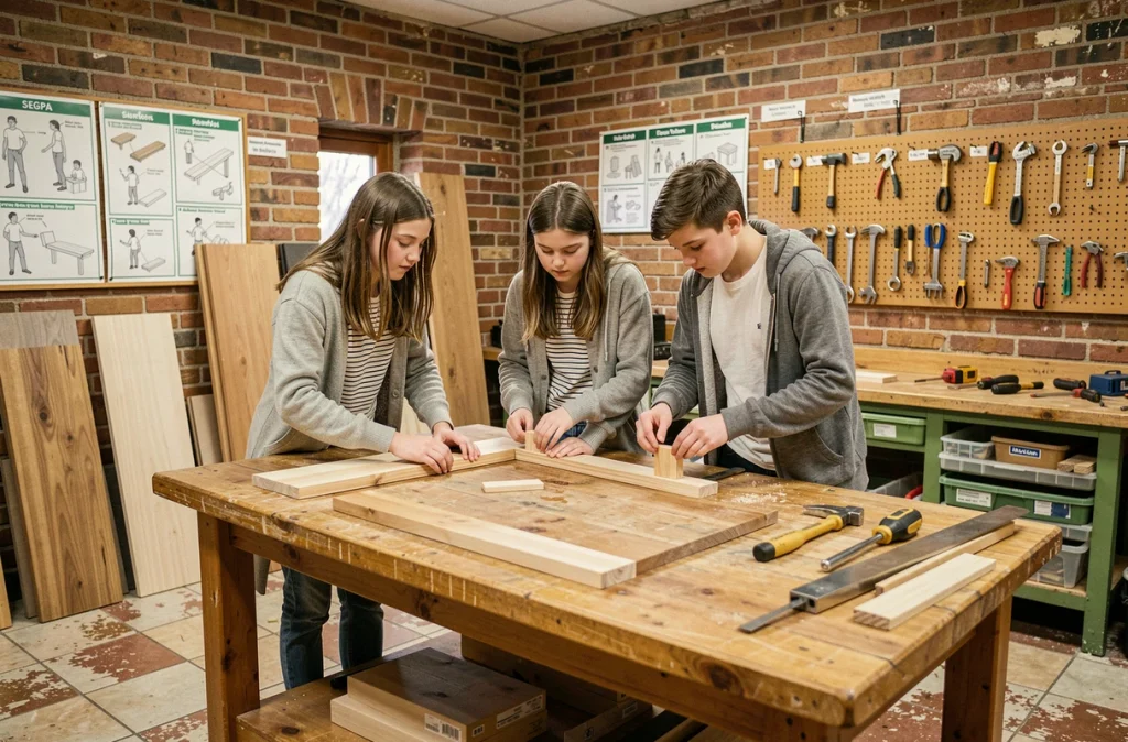 Groupe d'élèves de SEGPA réalisant un atelier pratique en bois dans une salle spécialisée du collège