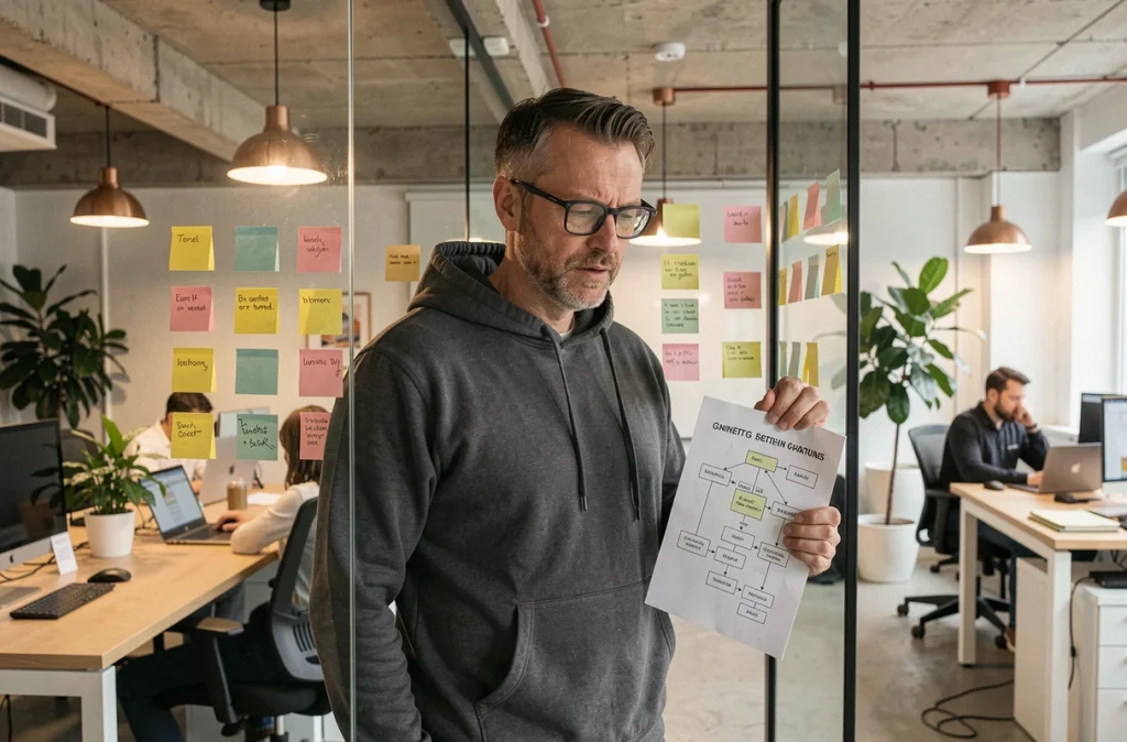 Entrepreneur en co-working révisant sa stratégie de séquence email pour relancer un lancement raté