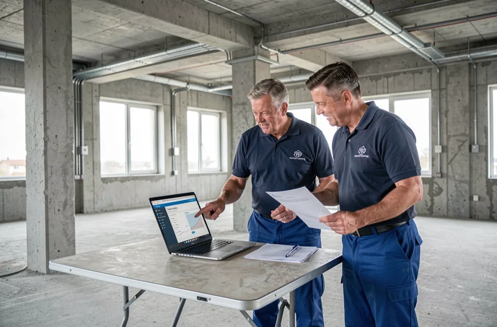 Deux professionnels du bâtiment discutent d'un module de formation BTP à distance sur un chantier intérieur