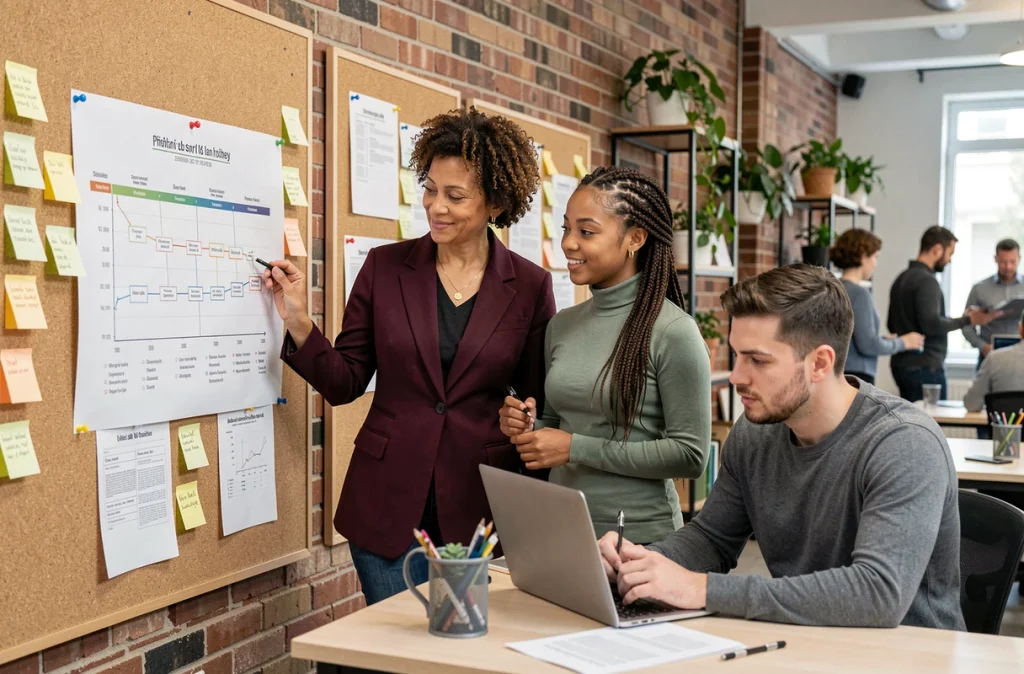 Équipe intergénérationnelle travaillant ensemble sur un projet collaboratif dans un espace de coworking moderne
