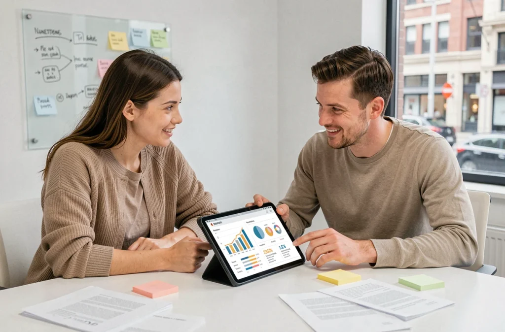Équipe marketing collaborant sur un logiciel de newsletter avec des métriques de campagne email sur tablette