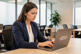 Femme professionnelle face à une erreur d'authentification sur son ordinateur portable dans un bureau moderne