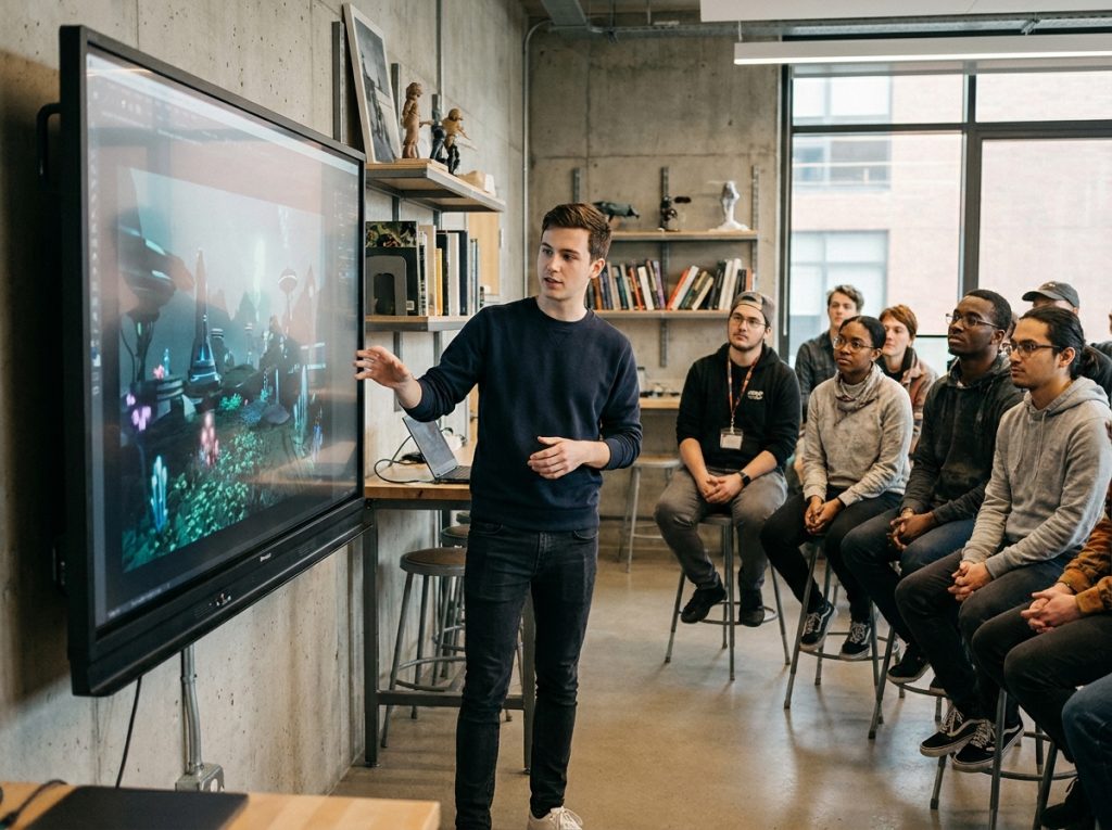 Étudiant en école d'animation 3D présentant son portfolio de rendu numérique lors d'une critique pédagogique en studio