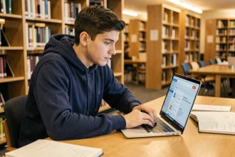 Étudiant masculin concentré sur une plateforme Moodle dans une bibliothèque universitaire moderne