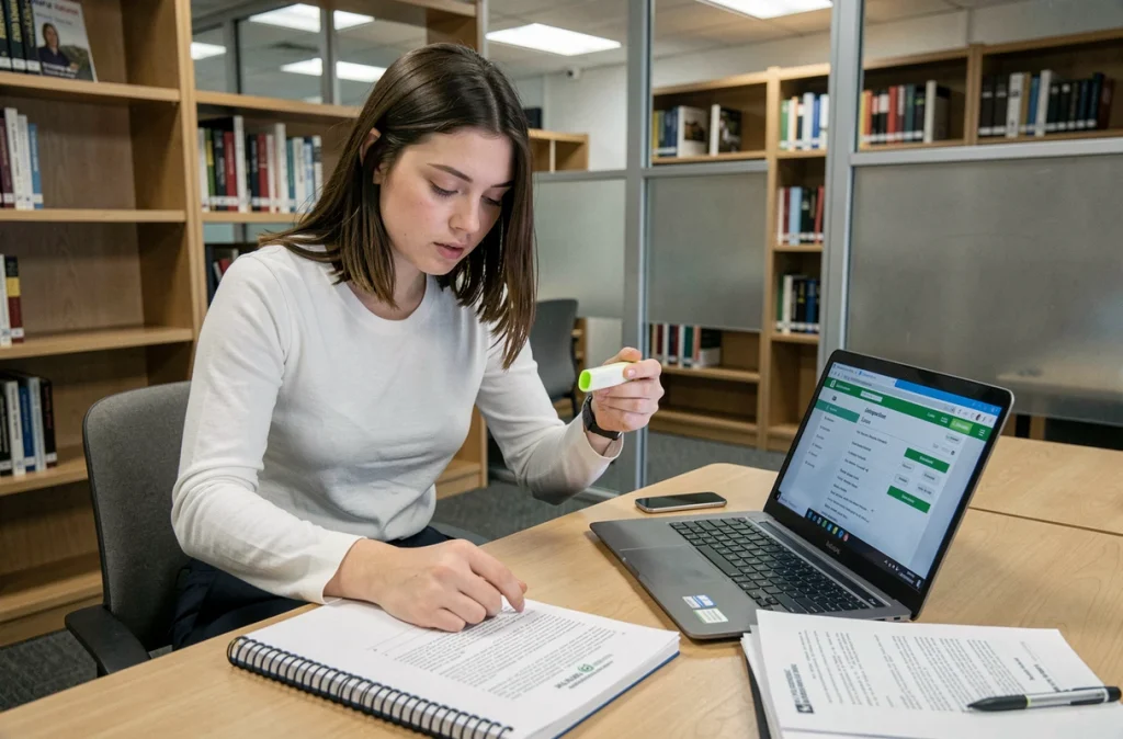 Étudiante en bibliothèque consultant un document officiel de programme scolaire sur son bureau