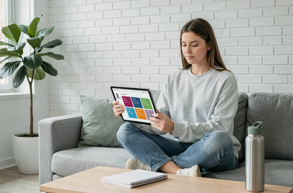 Étudiante organisant ses cours sur une tablette via l'ENT CESI dans une résidence universitaire