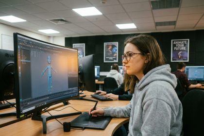 Étudiante en formation 3D modélisant un personnage animé sur ordinateur dans une salle de cours universitaire spécialisée en animation