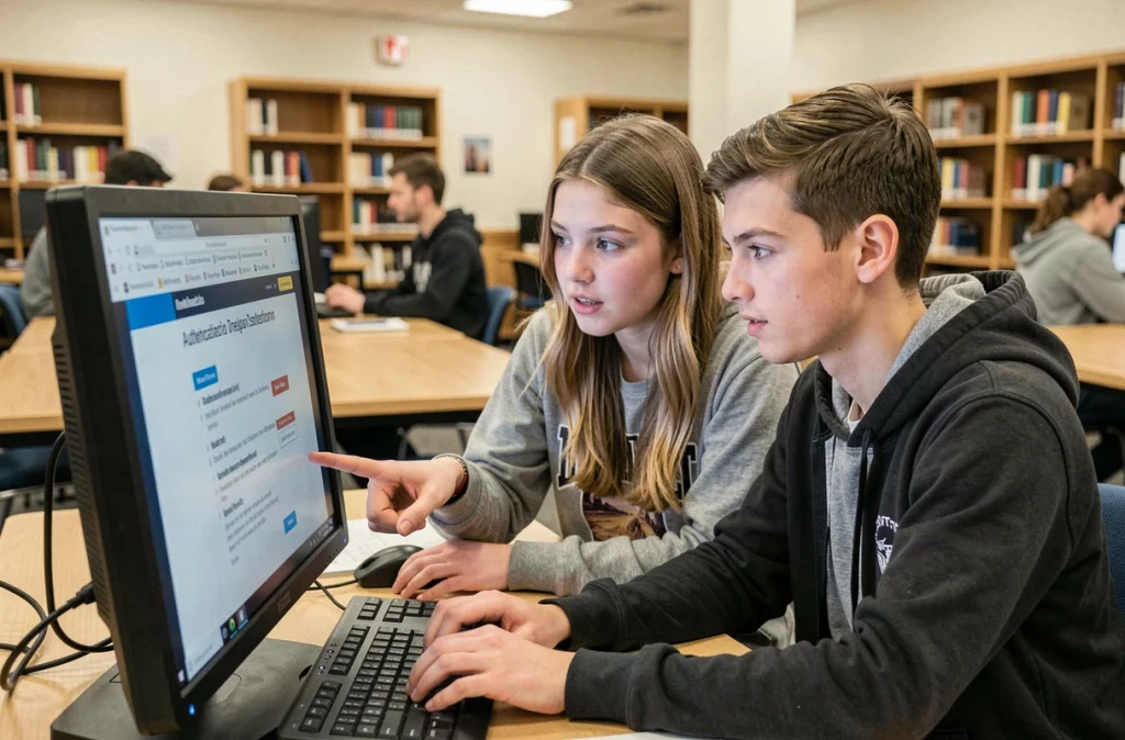 Deux étudiants résolvant ensemble une erreur d'authentification sur un ordinateur de bibliothèque universitaire
