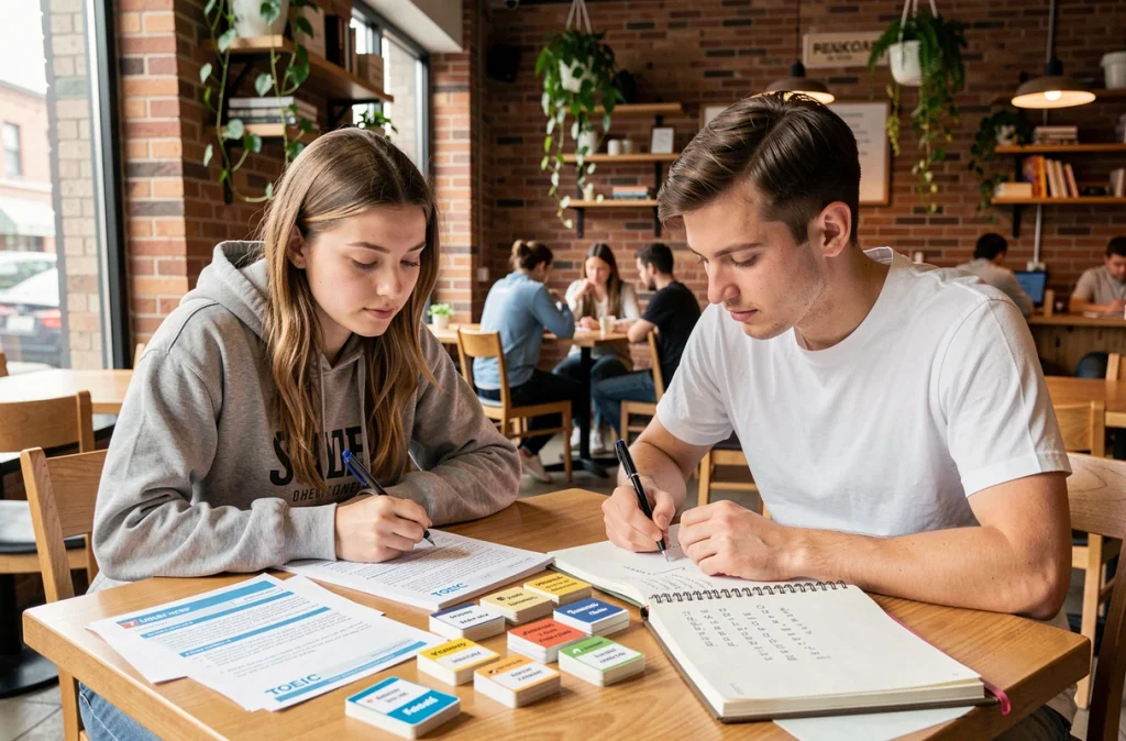 Deux étudiants révisant ensemble un exemple complet de TOEIC listening et reading dans un café avec fiches et exercices imprimés