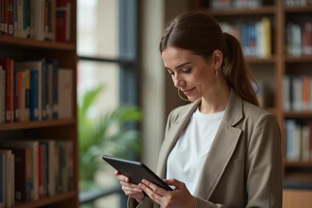 Femme consultant ses alertes emploi sur tablette dans une bibliothèque publique calme