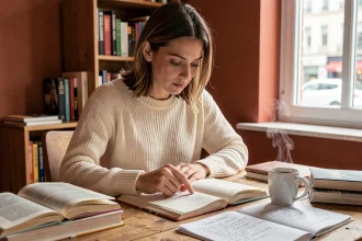 Femme qui étudie la grammaire française à son bureau avec des livres ouverts et un carnet de notes