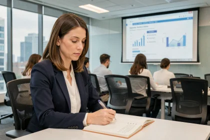 Femme professionnelle prenant des notes lors d'une session de formation continue en entreprise