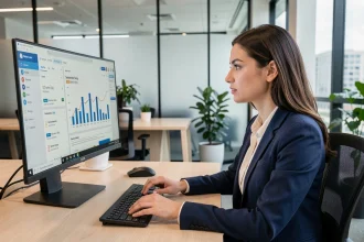 Femme marketeure analysant un logiciel de newsletter sur un écran d'ordinateur dans un bureau moderne en 2026