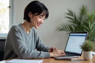 Femme paramétrant des alertes emploi sur son ordinateur portable dans un bureau à domicile moderne