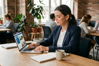 Femme adulte en reconversion professionnelle suivant une formation courte en ligne dans un espace de coworking moderne